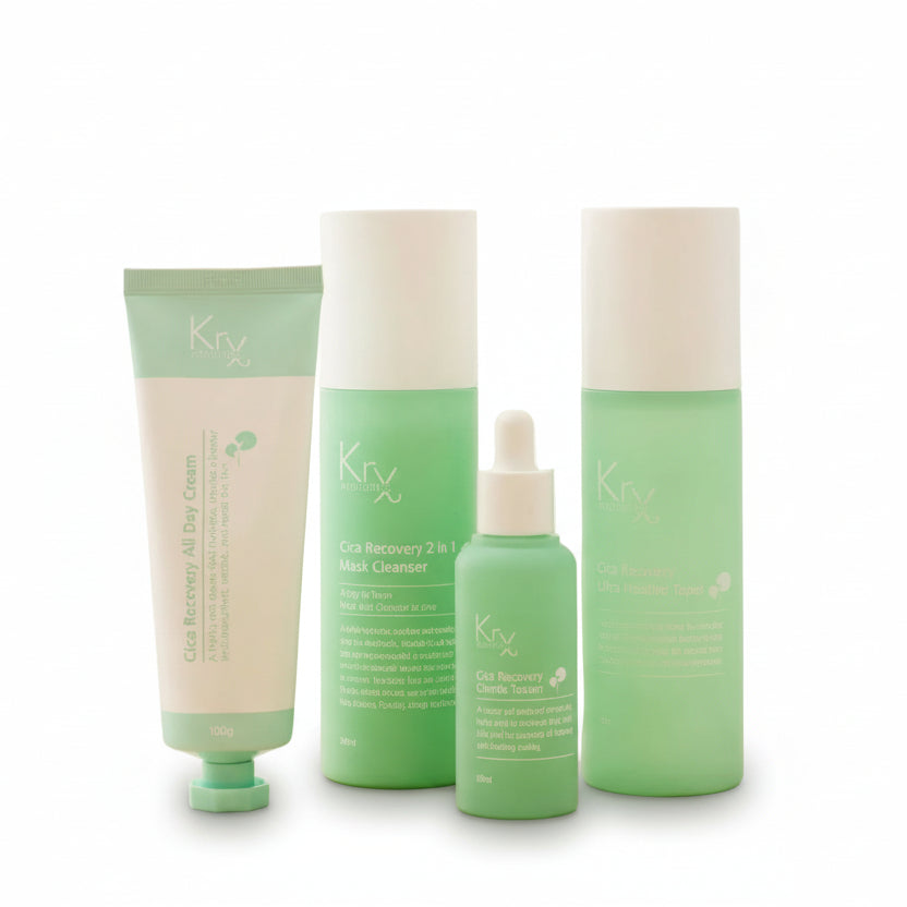 The KrX Cica Recovery Deluxe Bundle, a 4-step professional Korean skincare system featuring Cica, probiotics, and fermented botanicals to repair the skin barrier and soothe redness.