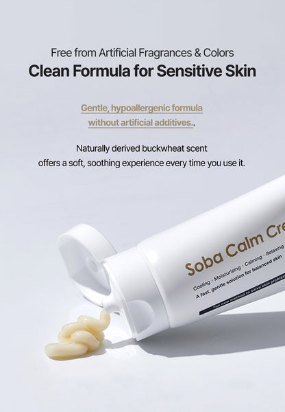 Dermathod Soba Calm Cream clean formula slide: A hypoallergenic, fragrance-free Korean moisturizer for breakouts and oily skin, featuring naturally derived buckwheat for a soft, soothing experience.