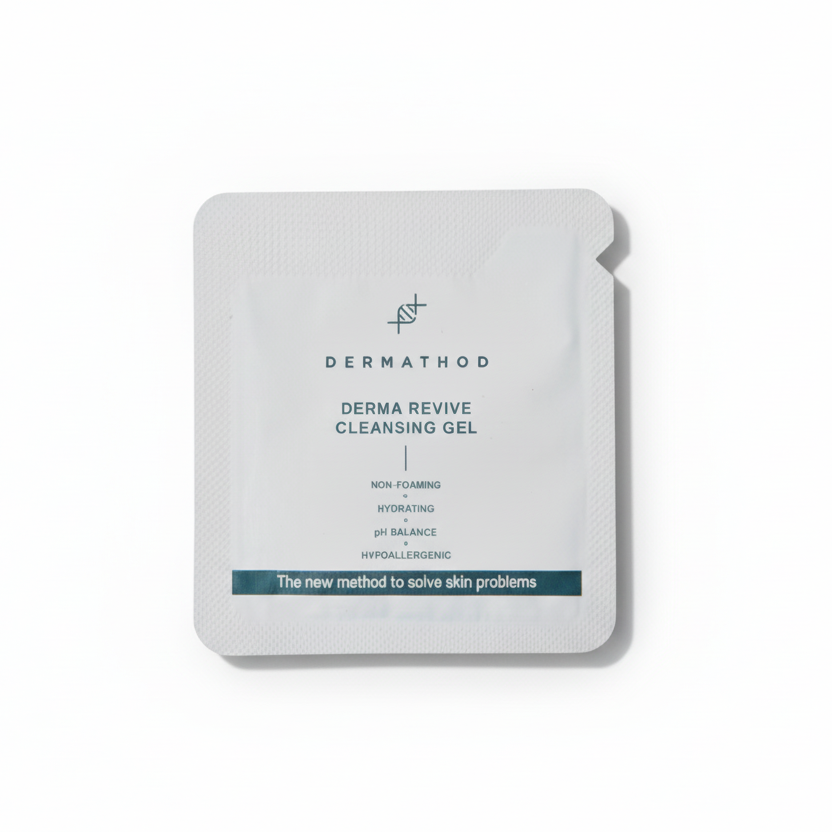 Sample of Dermathod Revive Cleansing Gel; a 1g trial of the professional Korean non-foaming cleanser designed to calm redness and protect the skin barrier during washing.