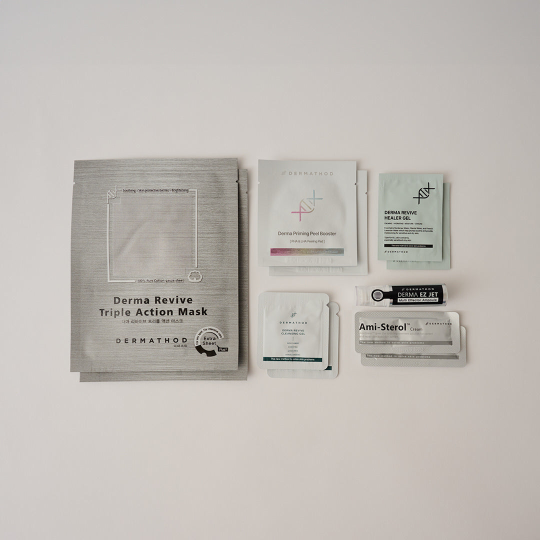 Dermathod EZ Jet Multi Effector Water Glow Kit contents — single-session Korean microchanneling set with Priming Peel Pads, Derma Revive Mask, and Ami-Sterol Cream.
