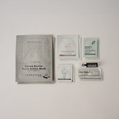 Dermathod EZ Jet Multi Effector Water Glow Kit contents — single-session Korean microchanneling set with Priming Peel Pads, Derma Revive Mask, and Ami-Sterol Cream.