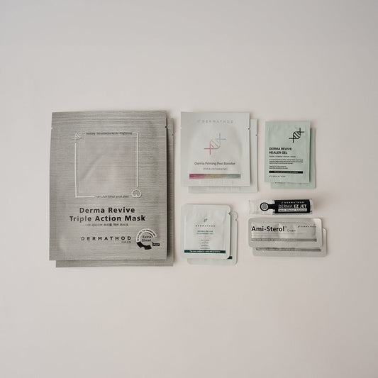 Dermathod EZ Jet Multi Effector Water Glow Kit contents — single-session Korean microchanneling set with Priming Peel Pads, Derma Revive Mask, and Ami-Sterol Cream.