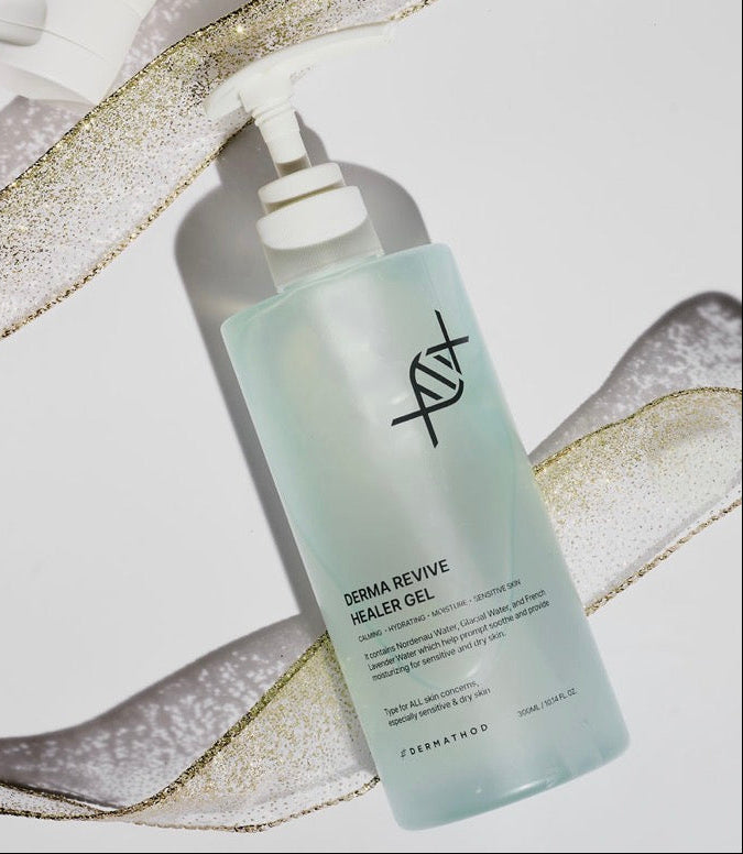 Luxury 300ml pump bottle of Dermathod Healer Gel on a decorative background, a high-capacity Korean cooling gel designed for total face and body barrier restoration.