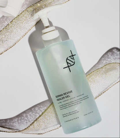 Luxury 300ml pump bottle of Dermathod Healer Gel on a decorative background, a high-capacity Korean cooling gel designed for total face and body barrier restoration.