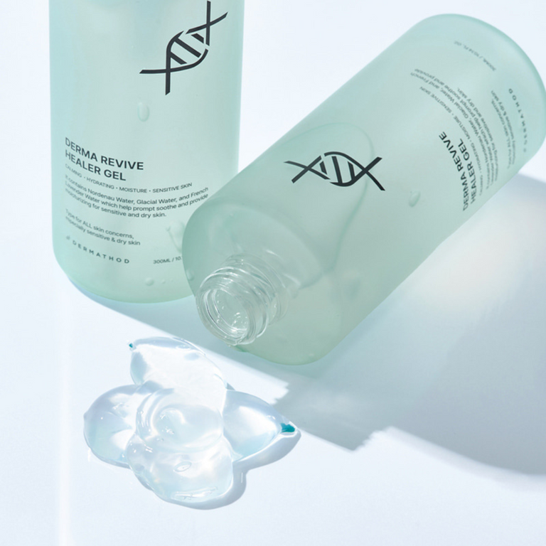 Lightweight water-based texture of Dermathod Healer Gel Sample; instant Korean cooling relief for heat-stressed and reactive skin.