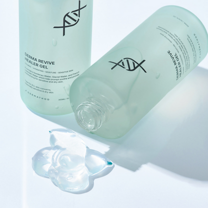 Lightweight water-based texture of Dermathod Healer Gel Sample; instant Korean cooling relief for heat-stressed and reactive skin.