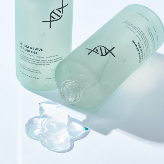 Lightweight water-based texture of Dermathod Healer Gel Sample; instant Korean cooling relief for heat-stressed and reactive skin.