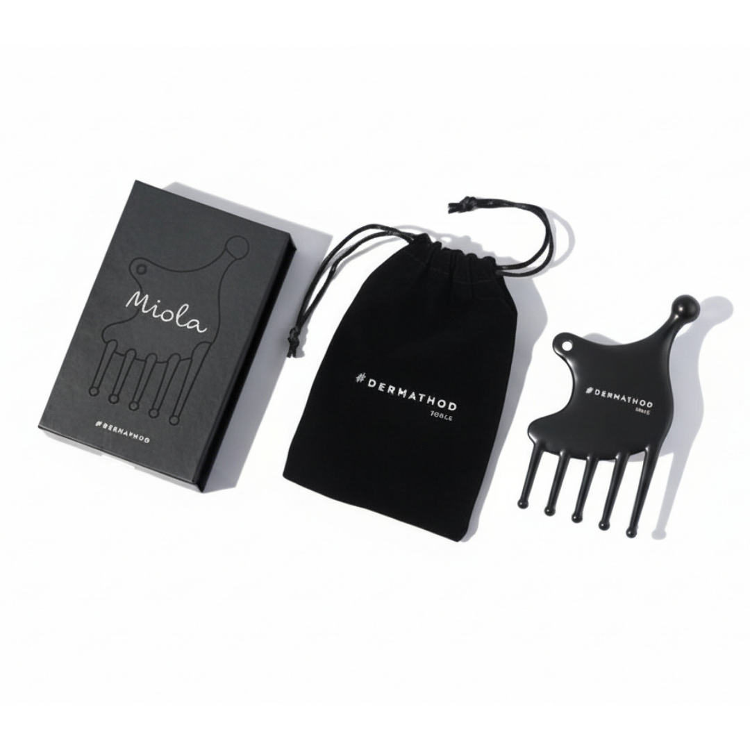:
Dermathod Miola five-point Korean gua sha tool with thumb point wide side large line small line and five-prong edge for facial sculpting lymphatic drainage and scalp massage
