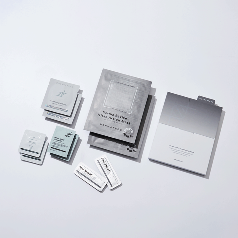 Dermathod Multi Effector Water Glow Kit at home Korean microchanneling protocol with EZ Jet ampoule Priming Peel Pads Derma Revive Mask and Ami-Sterol Cream