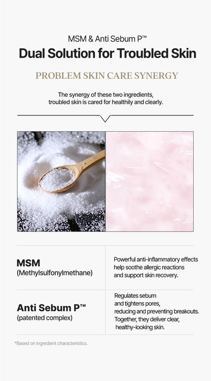Dermathod Soba Calm Cream clinical slide: A dual-action synergy of MSM and the patented Anti Sebum P™ complex, designed to neutralize acne triggers and regulate overactive sebaceous glands.