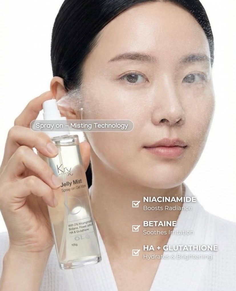Achieving a clinical-grade Korean glass skin glow with KrX Jelly Mist, a sophisticated spray-on gel mask infused with niacinamide and betaine for a radiant, dew-drenched complexion.