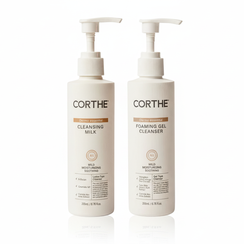 Fix dry, tight skin with the Dehydration Rescue Double Cleanse Duo, a non-stripping Korean skincare kit featuring Corthe Cleansing Milk and Foaming Gel.