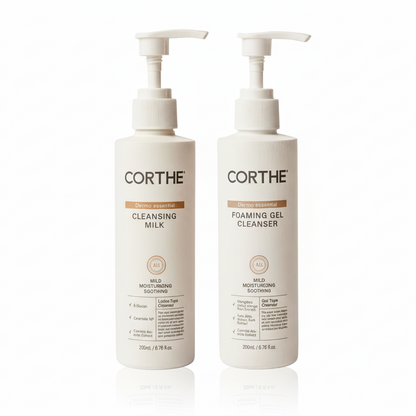 Fix dry, tight skin with the Dehydration Rescue Double Cleanse Duo, a non-stripping Korean skincare kit featuring Corthe Cleansing Milk and Foaming Gel.
