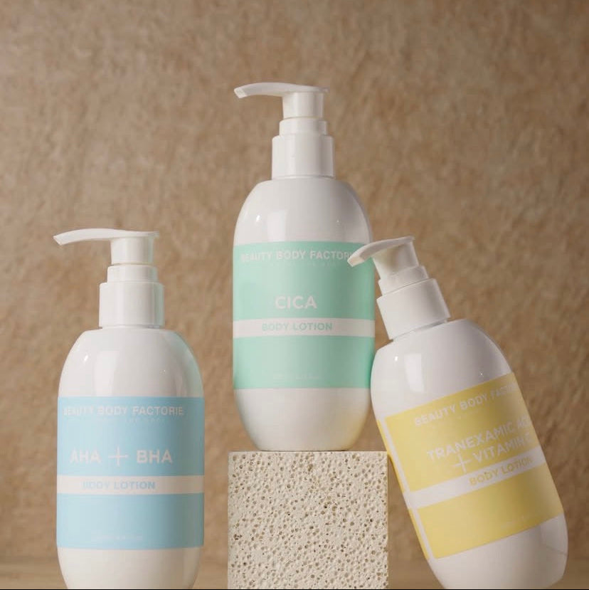 The Beauty Body Factorie collection: Professional-grade K-Beauty skincare body lotions designed to treat eczema-prone skin and environmental sensitivity with high-purity botanical actives.