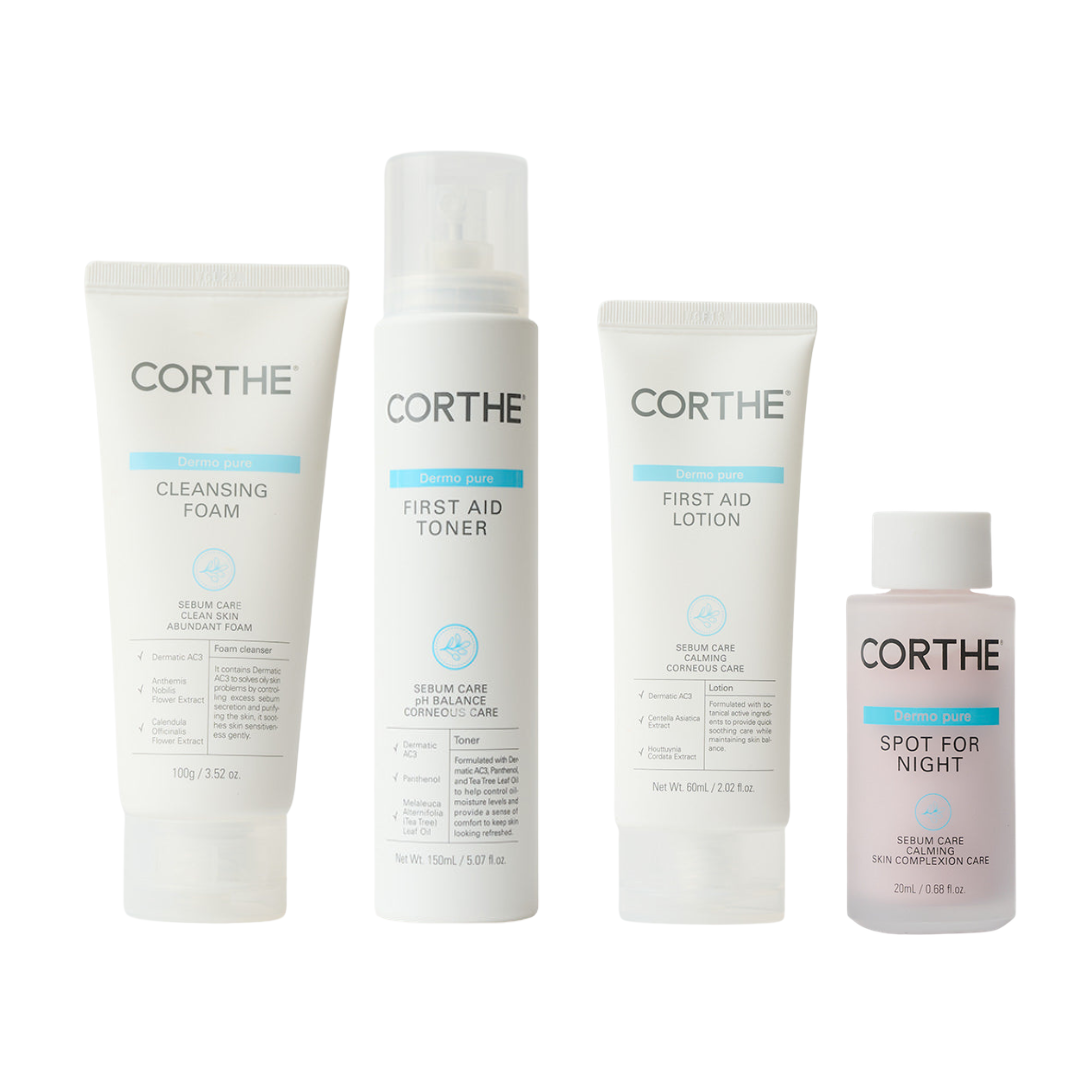 Corthe First Aid: 4-step professional Korean skincare system to fix oily skin, clear blackheads, and stop the cycle of recurring breakouts.