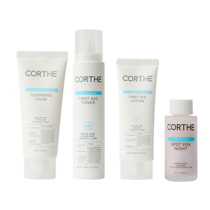 Corthe First Aid: 4-step professional Korean skincare system to fix oily skin, clear blackheads, and stop the cycle of recurring breakouts.