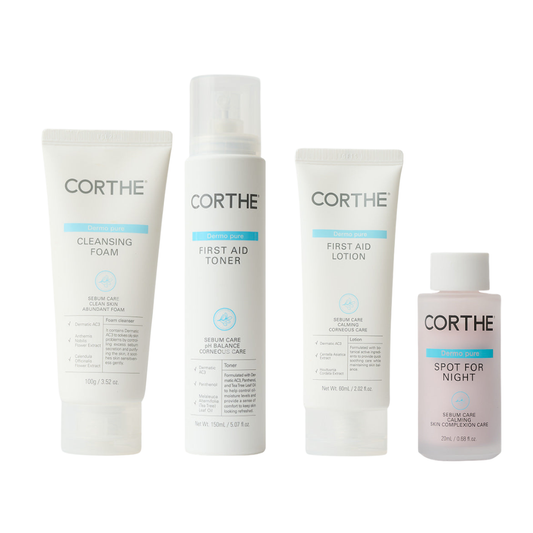 Corthe First Aid: 4-step professional Korean skincare system to fix oily skin, clear blackheads, and stop the cycle of recurring breakouts.