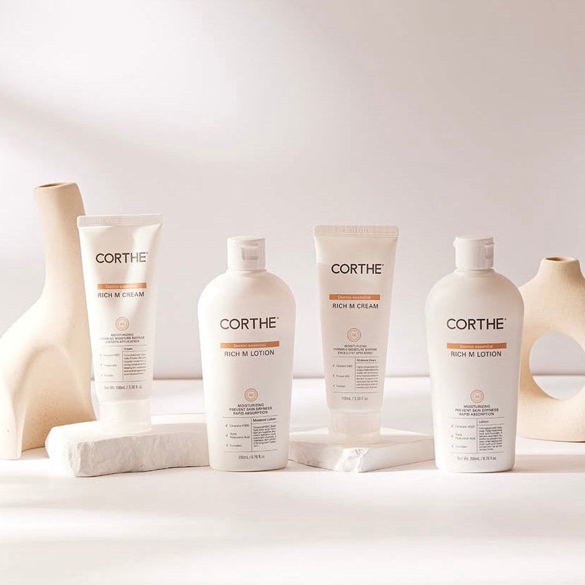 The professional Corthe Rich M collection, a curated Korean skincare system designed to restore lipid barrier health and provide intensive recovery for severely dry or fragile skin.