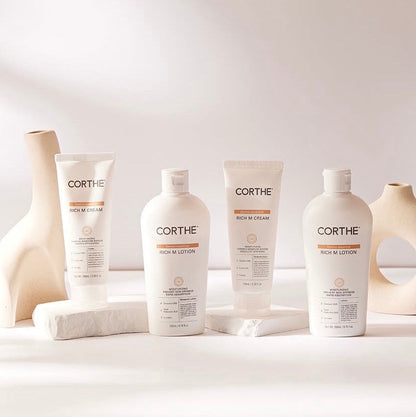 The professional Corthe Rich M collection, a curated Korean skincare system designed to restore lipid barrier health and provide intensive recovery for severely dry or fragile skin.