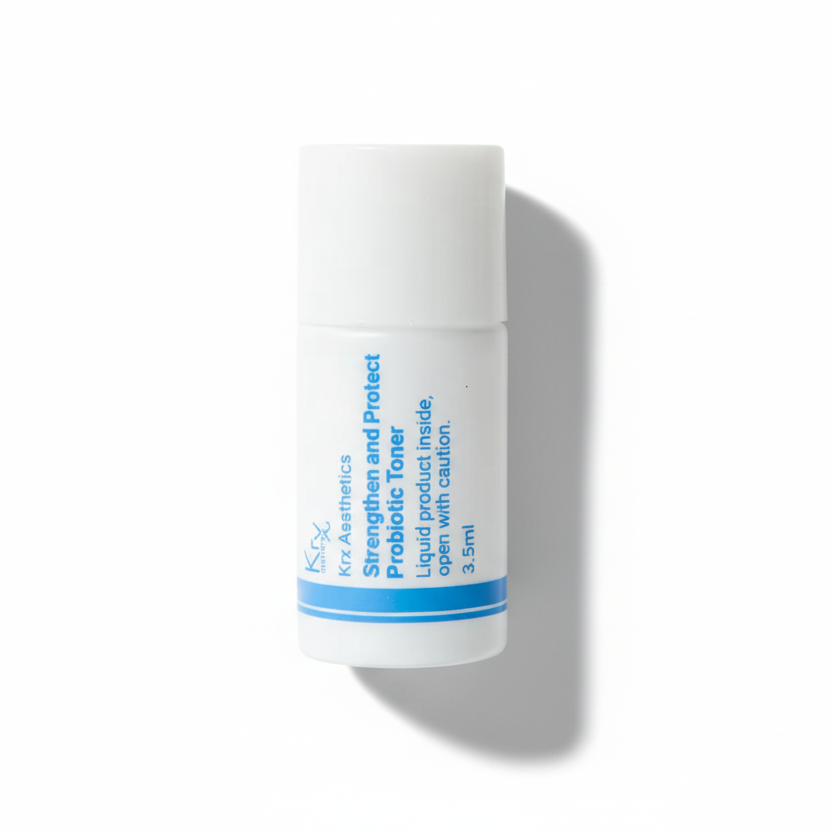 SAMPLE KrX Strengthen + Protect Probiotic Face Toner; a 3.5ml milky trial solution that solves the 'acne-dryness paradox' by delivering deep hydration while supporting a healthy skin microbiome.