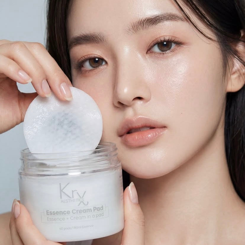 Daily Korean skincare routine using KrX Essence Cream Pads to prep sensitive skin for serums, ensuring maximum absorption and a strengthened skin barrier.