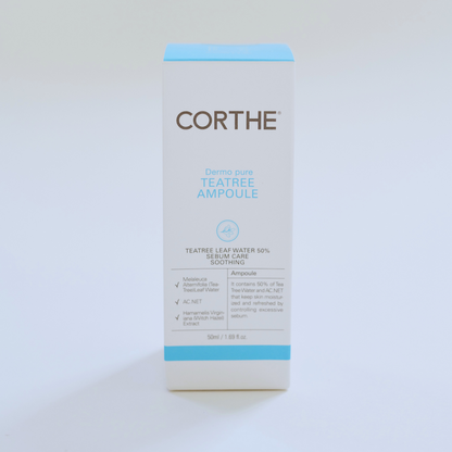 Clinical-grade Tea Tree Ampoule by Corthe; a fragrance-free, non-irritating Korean skincare treatment for inflamed acne and persistent skin congestion.