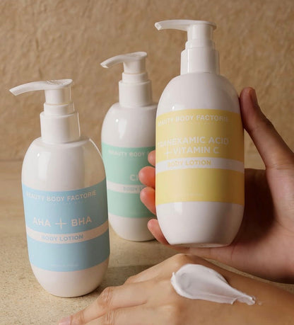 The lightweight, non-sticky texture of Beauty Body Factorie Korean body lotions; formulated for rapid absorption and immediate hydration of the skin barrier.