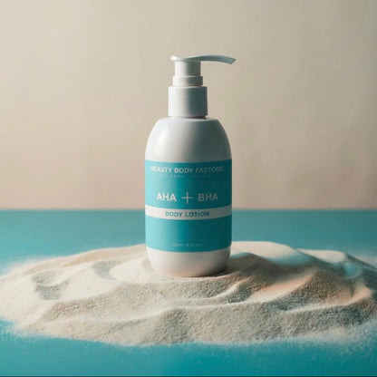 AHA + BHA Body Smoothing Lotion for KP and rough skin; a key step in the Beauty Body Factorie bundle for eliminating "strawberry legs" and body congestion.
