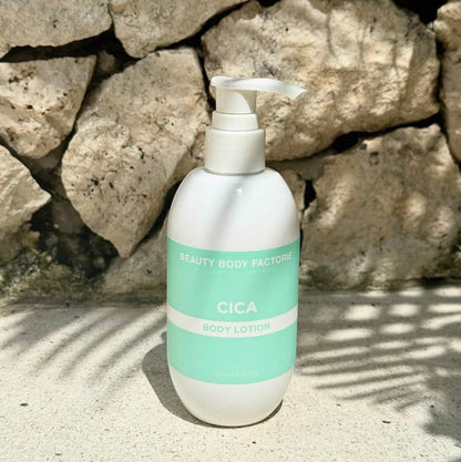 Beauty Body Factorie Cica Body Lotion: An essential post-sun recovery treatment formulated with Centella Asiatica to instantly cool sunburned skin and reduce UV-induced redness. Included in the Korean Body Lotion Bundle.