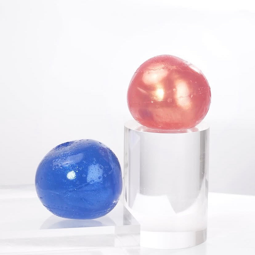 Calming Azulene bouncy ball soap for instant redness relief; soothing Korean treatment with peptides and Centella.