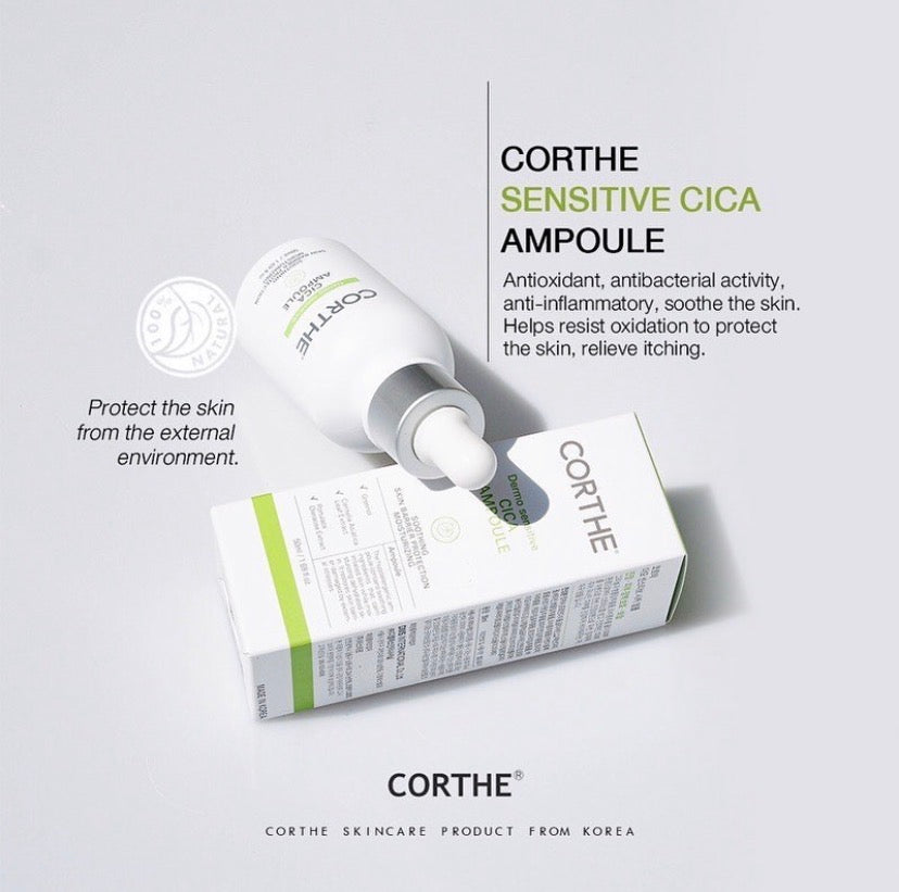 Clinical presentation of the Corthe Korean Cica Ampoule, highlighting its botanically-driven formula designed to stabilize the microbiome and restore skin resilience.