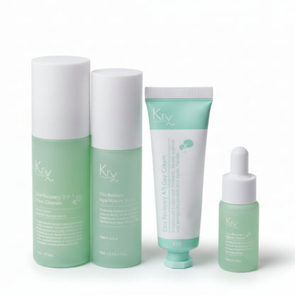 KrX Aesthetics Cica Recovery Bundle featuring a full 4-step Korean Centella skincare routine: oxygenating cleanser, fermented toner, barrier repair serum, and soothing all-day cream for sensitive skin.