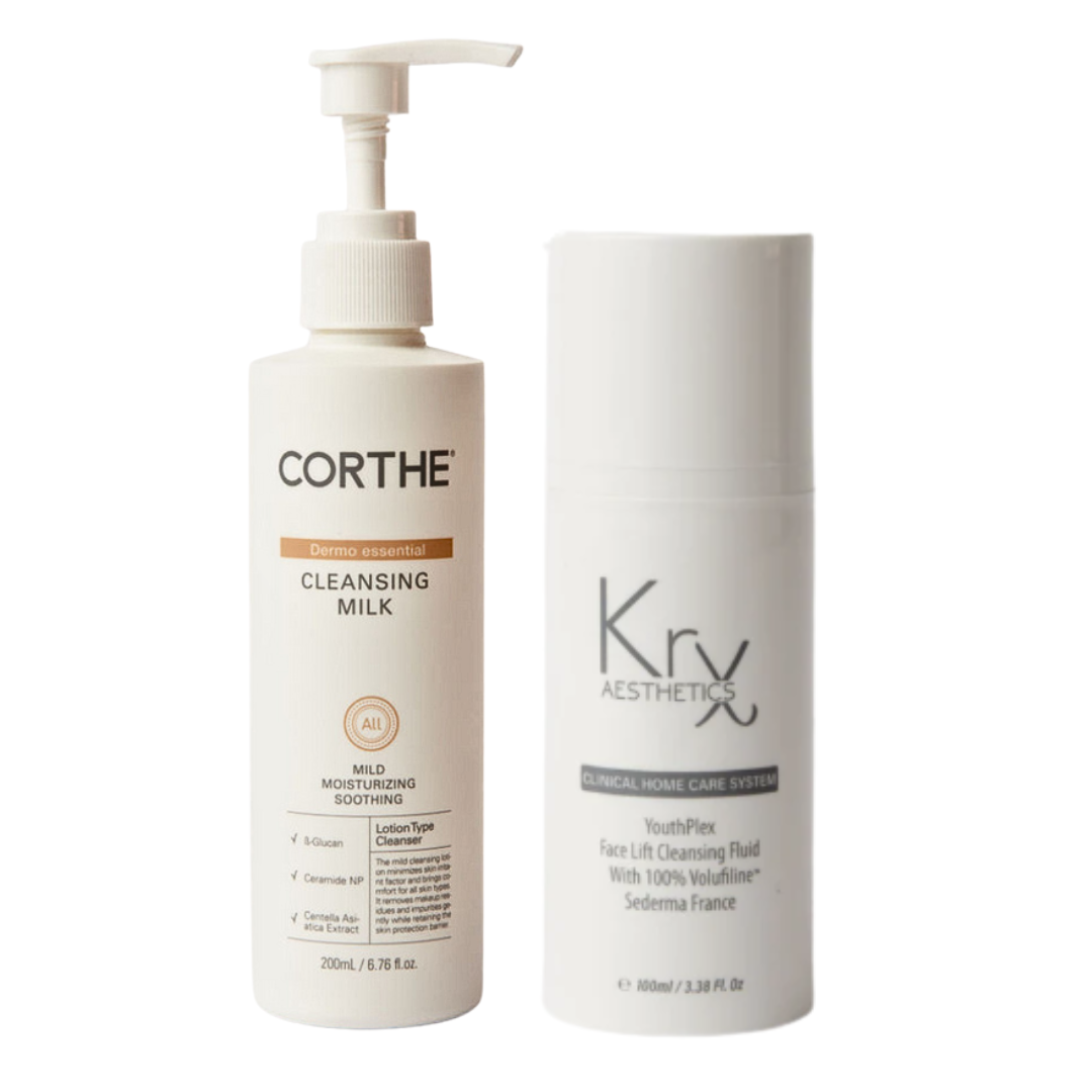The Ageless Double Cleanse Duo featuring Corthe Cleansing Milk and KrX Youthplex Fluid; a 2-step Korean double cleanse solution that solves the 'stripped skin' problem by firming and hydrating during the wash.
