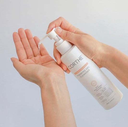 Completing the luxe double cleanse ritual with Corthe Foaming Gel Cleanser, a barrier-supportive clinical second-step wash designed to calm redness and restore hydration to sensitive skin.