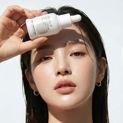 Concentrated leave-in Korean hair serum being applied directly to scalp for follicular rebalancing flake control sebum regulation and scalp hydration