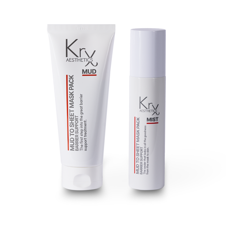 The KrX Mud to Sheet Mask Kit: A professional 2-phase Korean peel-off mask set featuring a detoxifying mud and an activation mist for a complete skin reset.