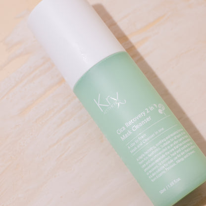 Close-up of the KrX Cica Recovery Cleanser's silky consistency as it transforms into a rich oxygenated foam for a professional-grade facial experience.