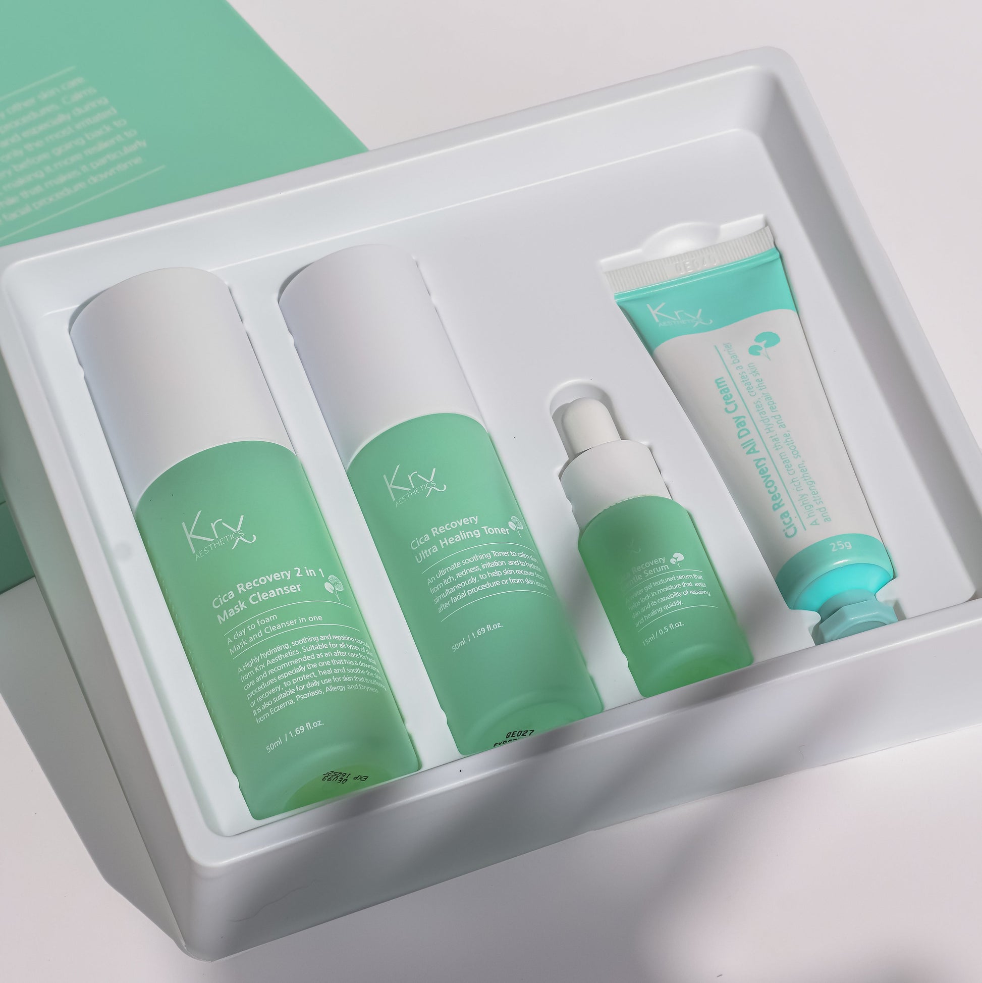 Professional Korean skin recovery kit, showcasing the complete KrX Cica routine designed for anti-inflammatory support and post-procedure barrier healing.