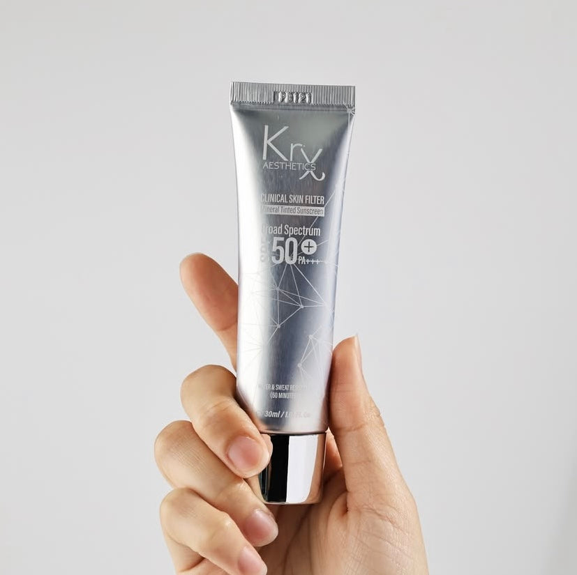 KrX Skin Filter Tinted Sunscreen swatch; a mineral-hybrid SPF that blurs imperfections and evens skin tone for a "digital filter" effect without the heaviness of makeup.
