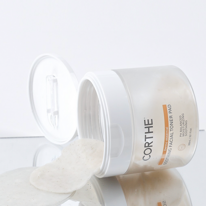 Refreshing Corthe soothing pads stored in the fridge for an extra cooling, de-puffing effect on sensitive and tight-feeling skin.