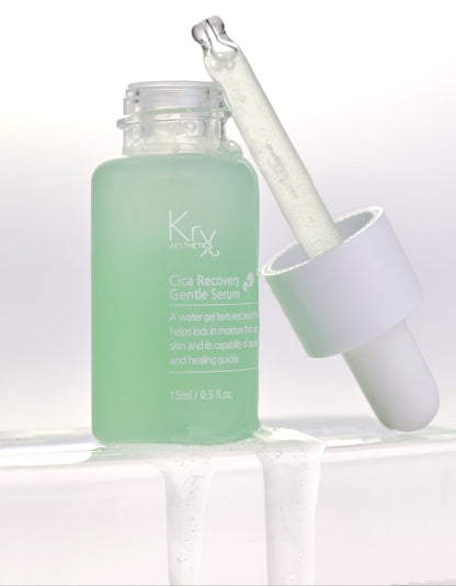 Close-up of the KrX Cica Recovery Gentle Serum texture, enriched with Ceramides and fermented Soybean Extract to actively rebuild a compromised skin barrier and prevent moisture loss.