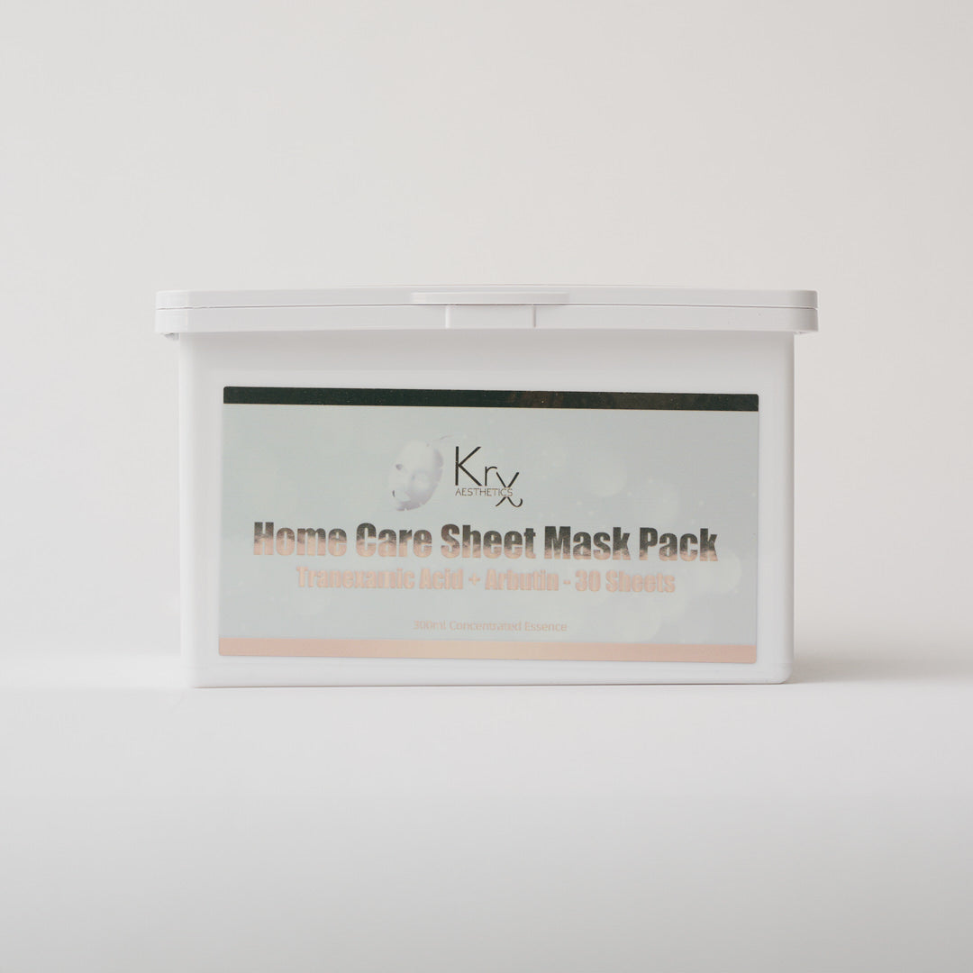 The professional KrX Aesthetics Home Care Mask collection, highlighting clinical-grade Korean sheet masks designed to treat melasma, redness, and sun damage at home.