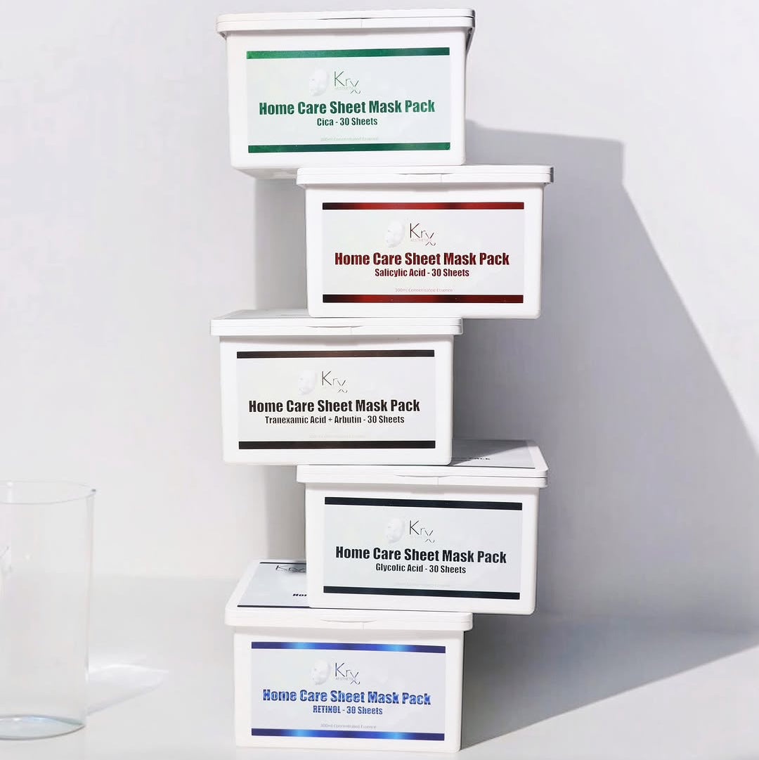 Showcase of the KrX Aesthetics Home Care Mask range; professional-grade daily treatment masks designed for consistent at-home results for aging, dry, or hyperpigmented skin.