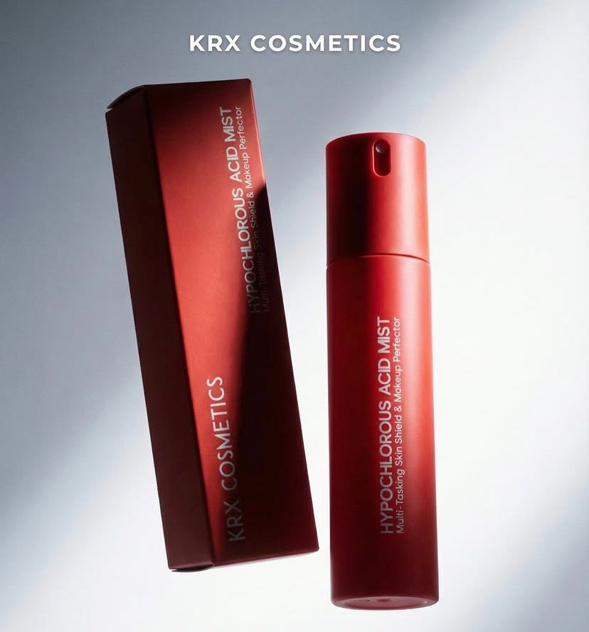 KrX Aesthetics Hypochlorous Acid Mist, a clean Korean skincare mist designed to protect the skin microbiome under makeup.
