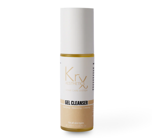 KrX All Day Glow Gel Cleanser in a 100ml pump; a professional-grade, fragrance-free solution for deep daily cleansing without stripping the skin’s natural moisture barrier.