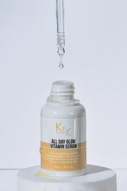 Close-up of KrX All Day Glow Vitamin Serum texture; a stable solution using a Triple Vitamin C complex to solve the problem of daytime dullness and free-radical damage without the irritation of standard ascorbic acid.