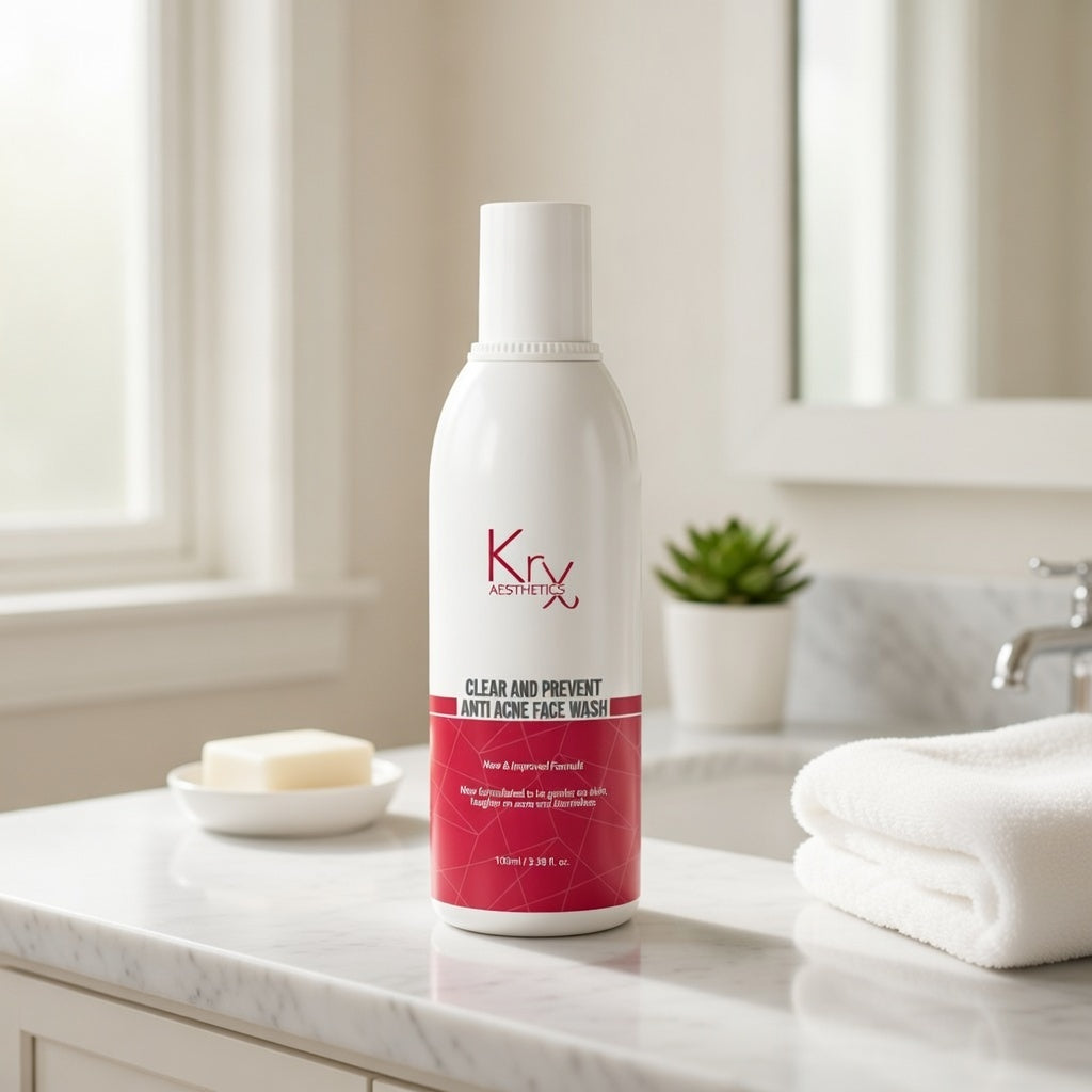 KrX Clear + Prevent Anti-Acne Face Wash with LHA; a pH-balanced foaming solution that solves active breakouts and excess oil by gently exfoliating inside the pores without causing irritation or tightness."