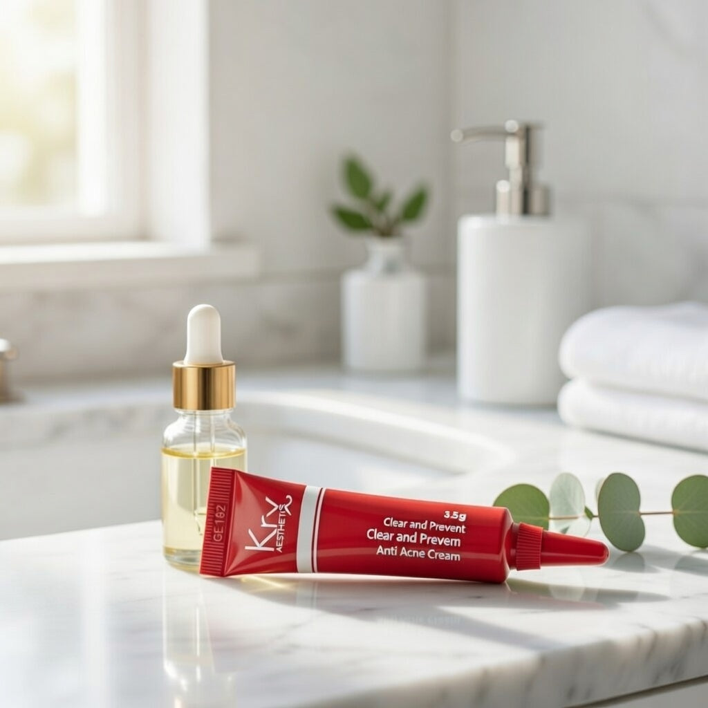 Lightweight texture of the KrX Anti Acne Face Cream Sample; an acne-safe Korean skincare solution that solves "cosmetic acne" with a non-comedogenic, fast-absorbing formula that provides essential hydration without clogging pores or feeling greasy.