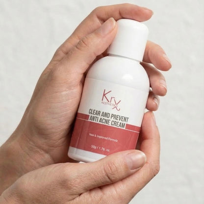 KrX Anti Acne Face Cream; an oil-regulating solution that solves "excessive shine" using Zinc PCA to control sebum production and keep the complexion balanced and matte.