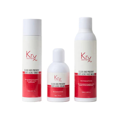 The KrX Clear + Prevent 3-step Korean skincare system for dry, acne-prone skin; a hydrating bundle featuring the Anti Acne Face Wash, Toner, and Moisturizer designed to clear pores using LHA while protecting the skin barrier.